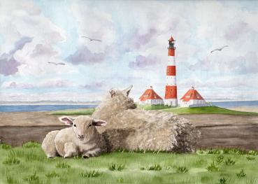 Poster DIN-A3  Aquarell Maritim Kunst Druck Kunstdruck Nordsee St. Peter Ording SPO Westerhever Leuchtturm   Meer Strand Schafe
